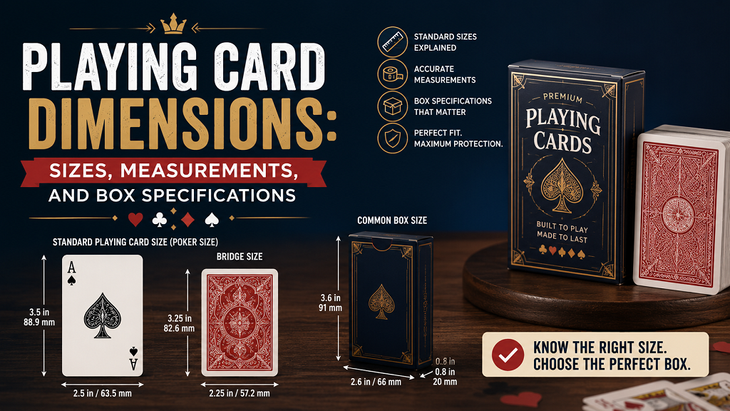 Playing card dimensions, sizes, measurements, and box specifications