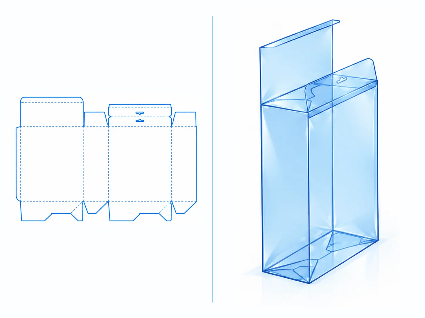 Auto-Lock Bottom with Hanger dieline and transparent 3D box structure