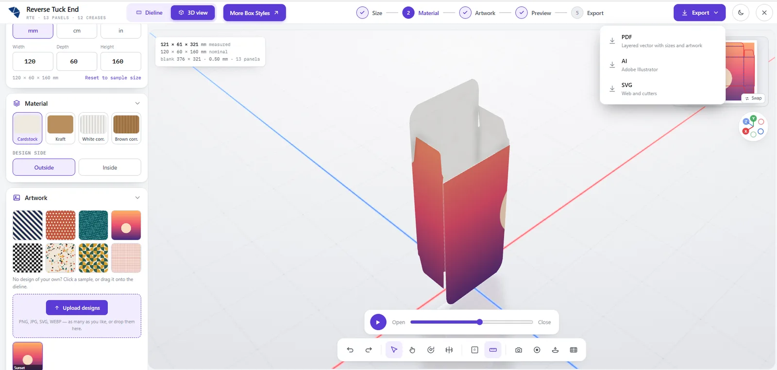 Box mockup generator export menu offering PDF, AI and SVG downloads