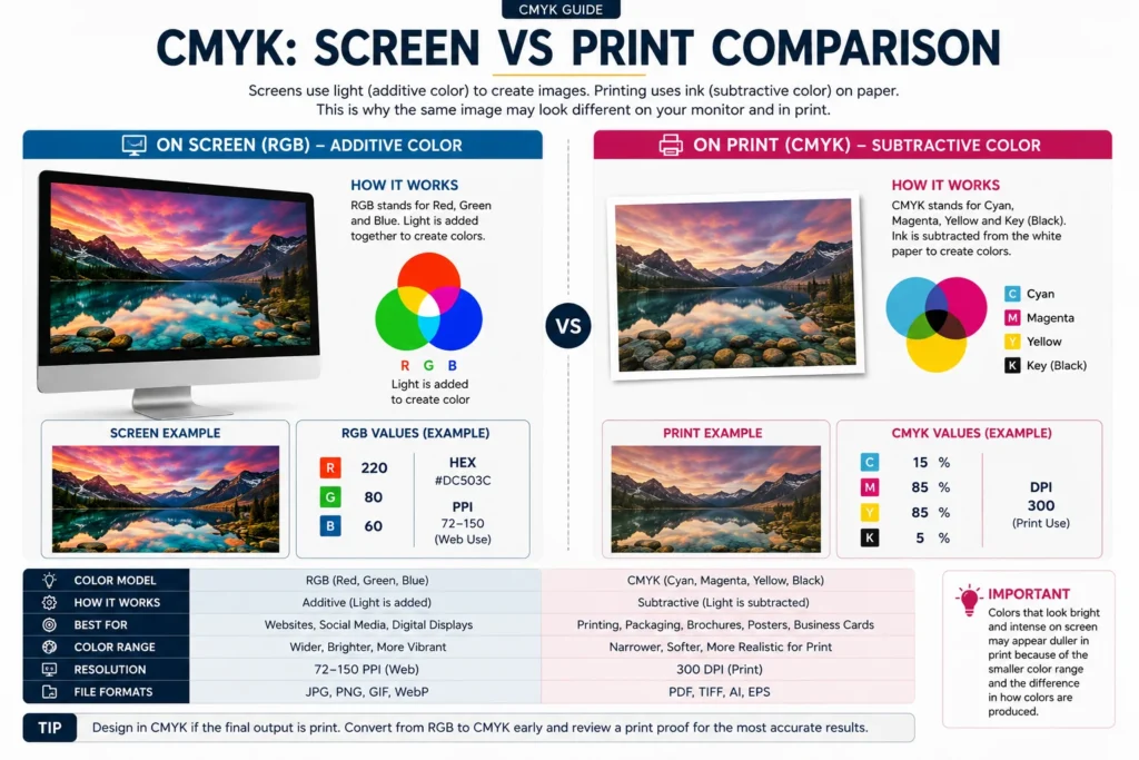 The same packaging artwork shown on a screen in RGB and printed in CMYK, side by side