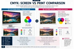 The same packaging artwork shown on a screen in RGB and printed in CMYK, side by side