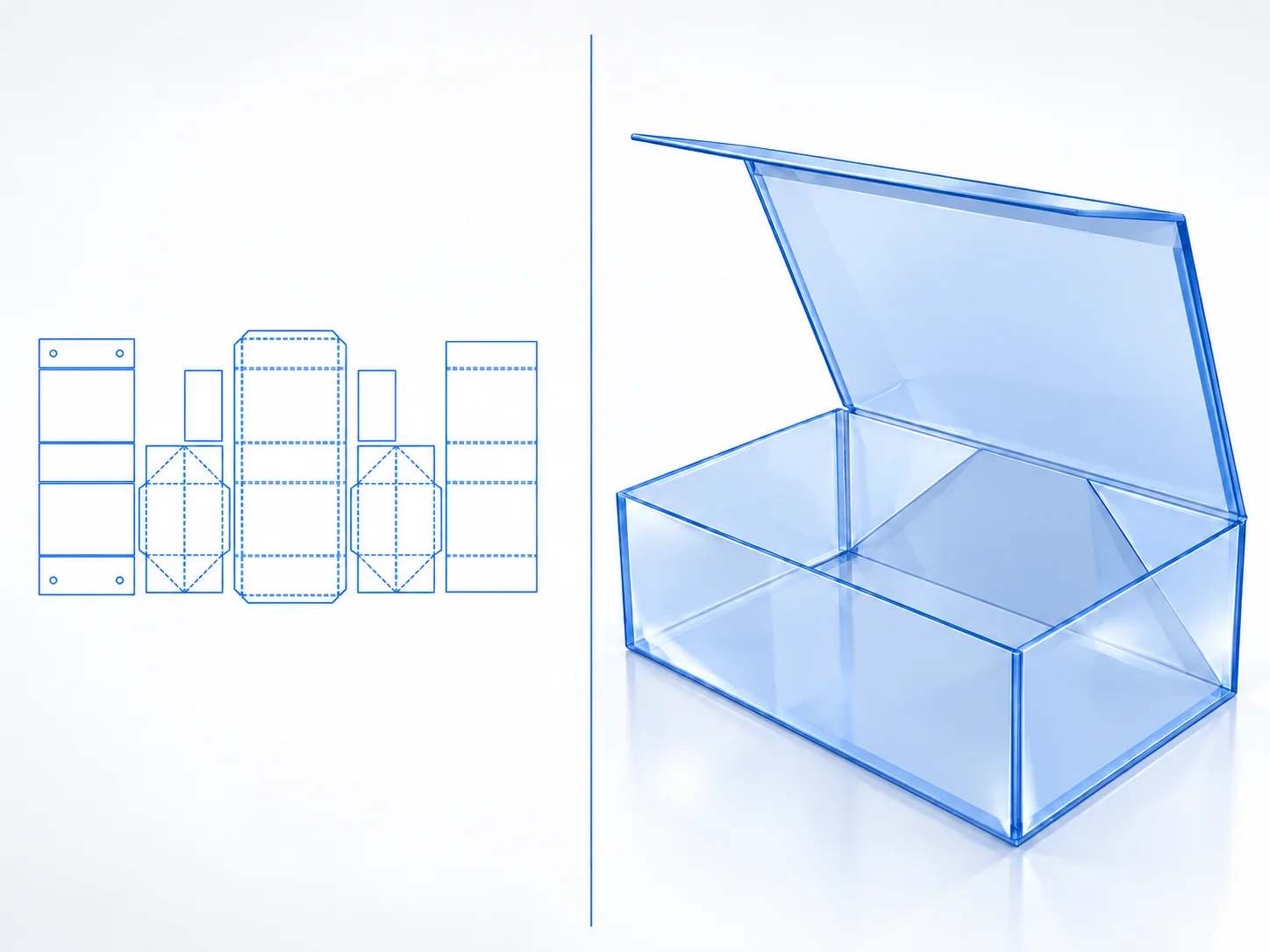 Collapsible Magnetic Closure Box dieline and transparent 3D box structure