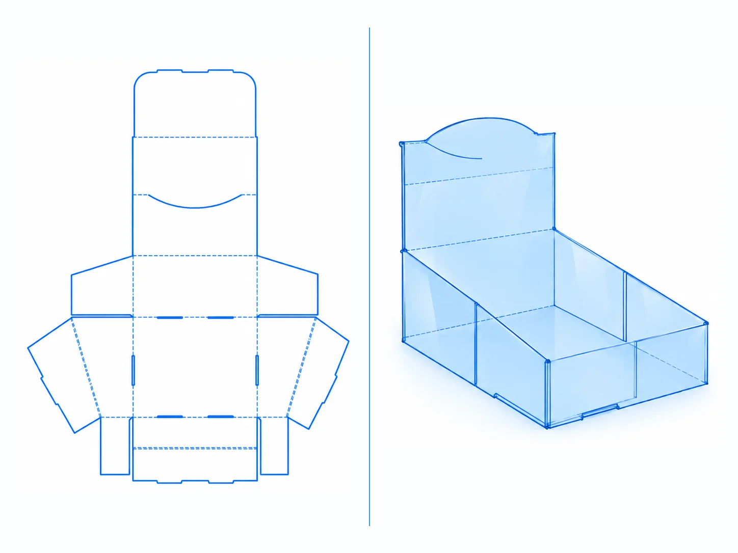 Counter Display Box Type 3 dieline and transparent 3D box structure