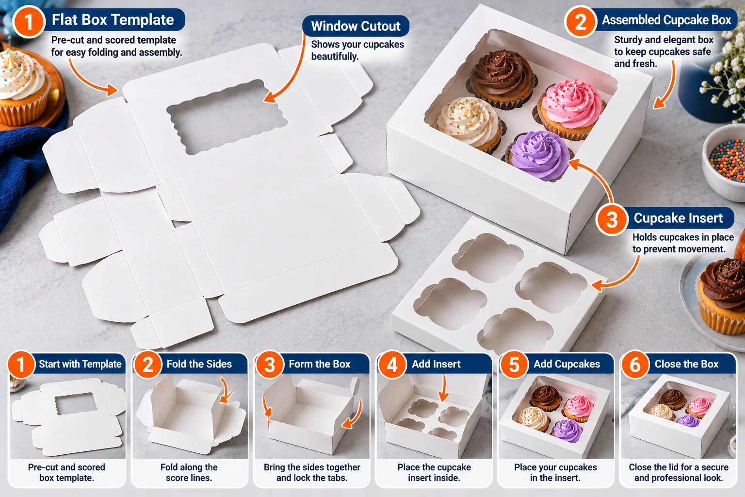 Flat cupcake box template on a desk beside a folded white cupcake box with an insert