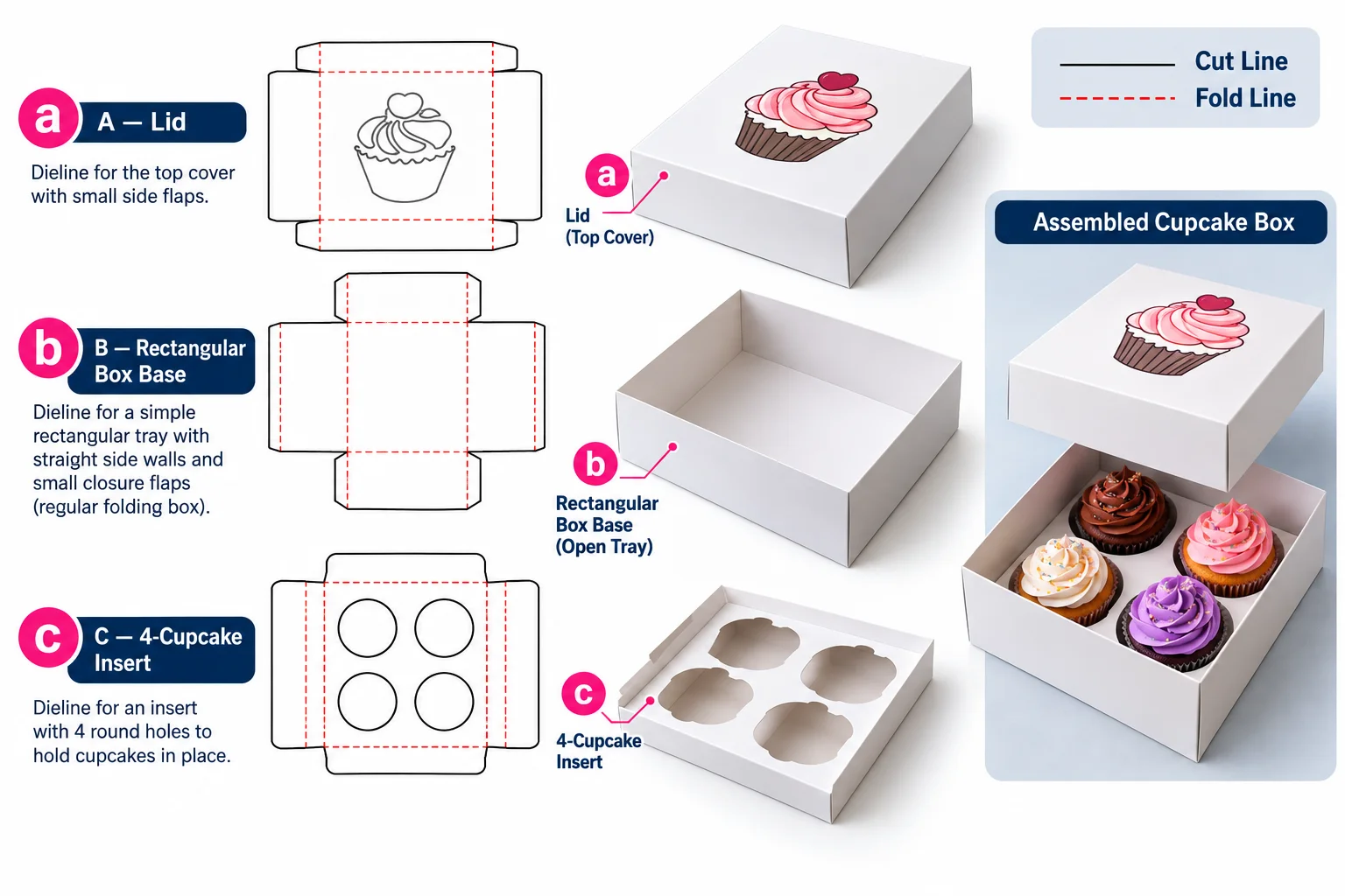 Auto lock bottom cupcake box dieline with cut and fold lines on a laptop screen