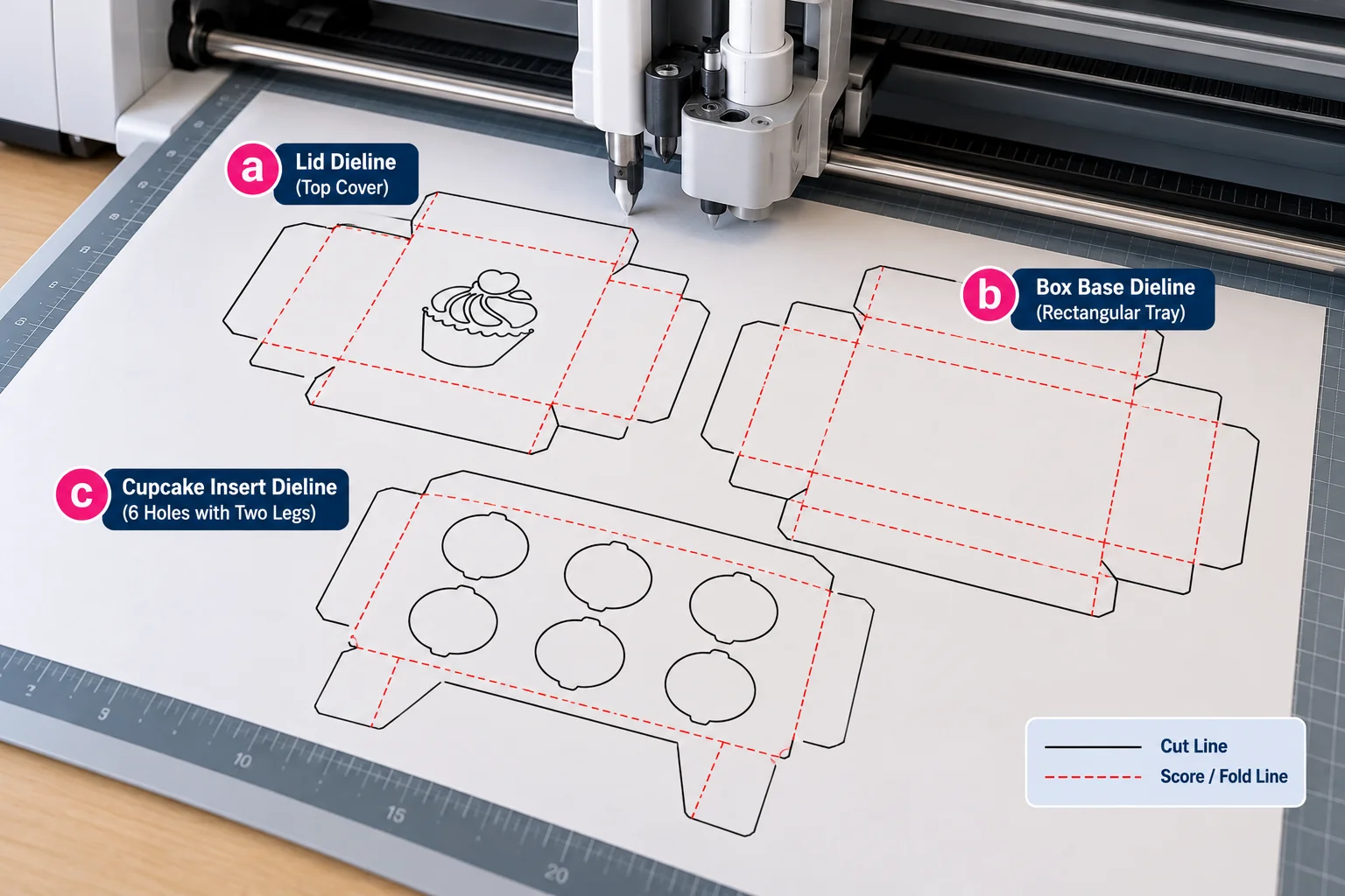 Cutting machine scoring a white cardstock box template on a long cutting mat