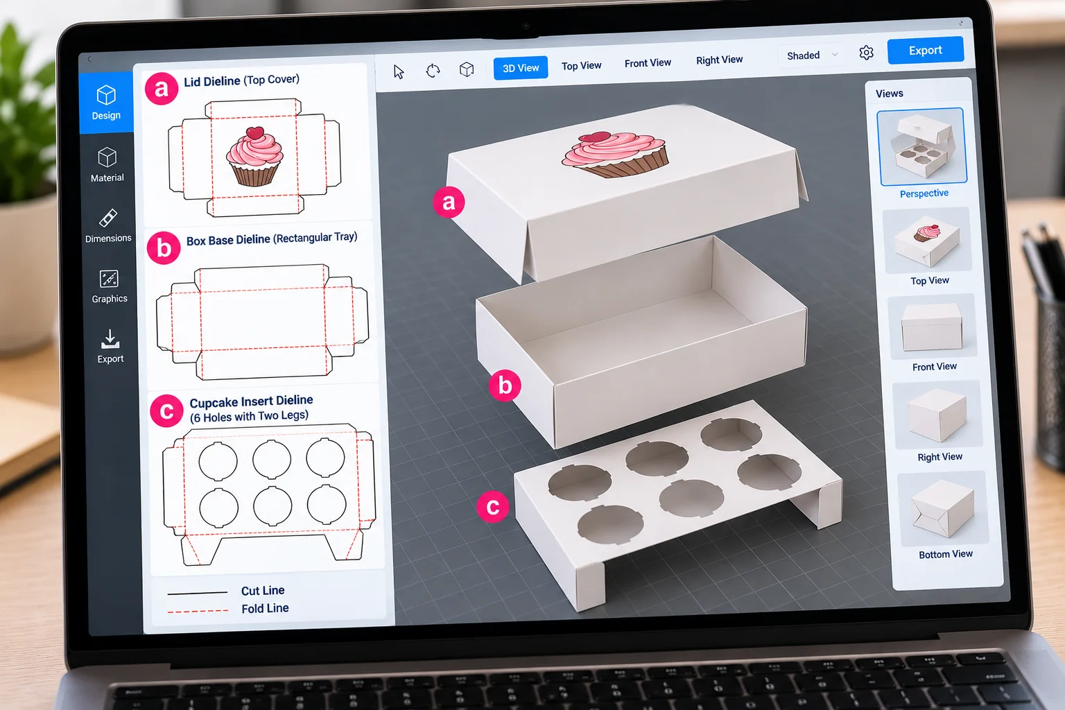Cupcake box shown half folded in a 3D box design view on a laptop
