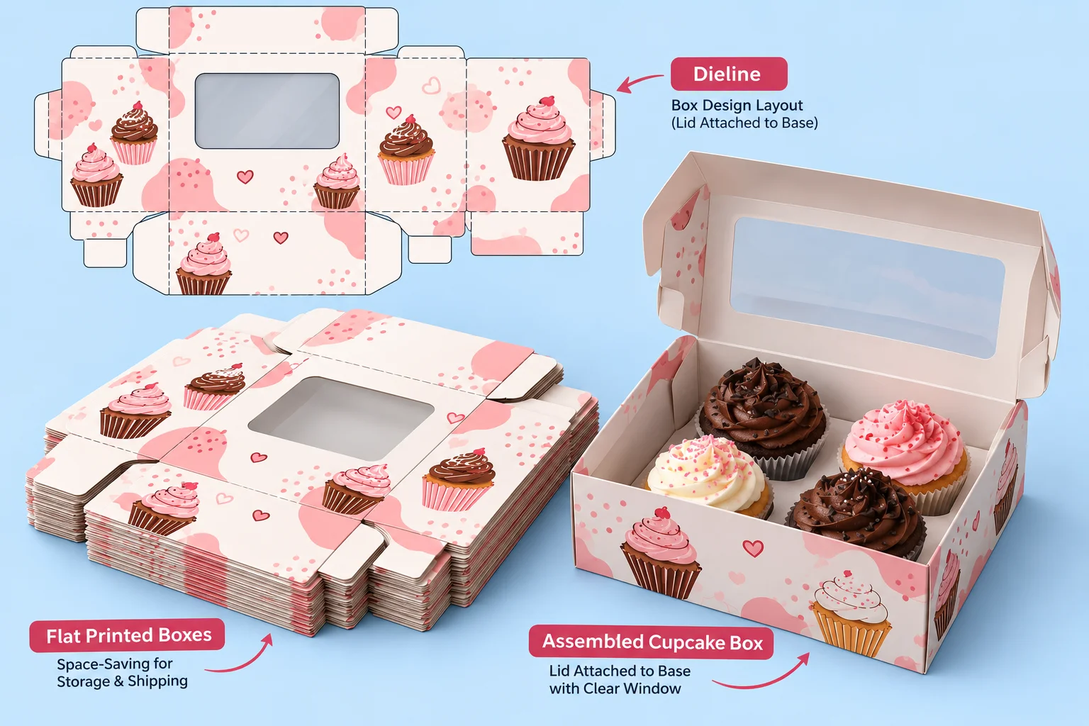 Stack of flat printed cupcake boxes next to one folded box with cupcakes