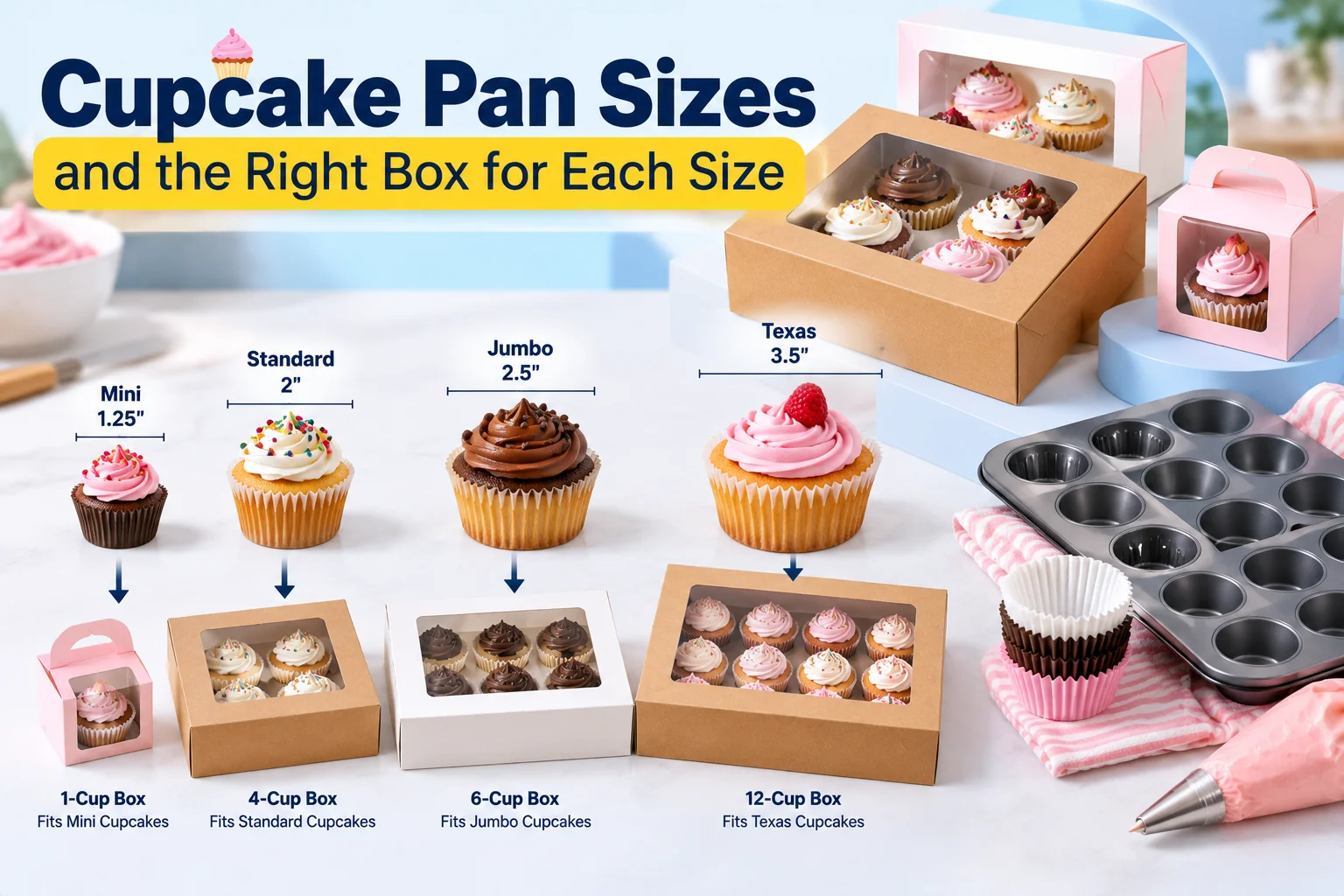 Mini, standard and jumbo cupcake pans side by side with paper liners in the cups