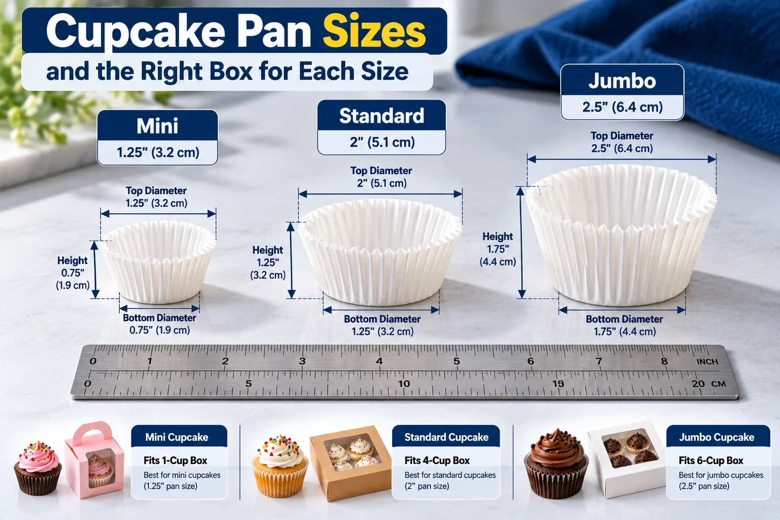 Three paper cupcake liners in mini, standard and jumbo sizes next to a ruler