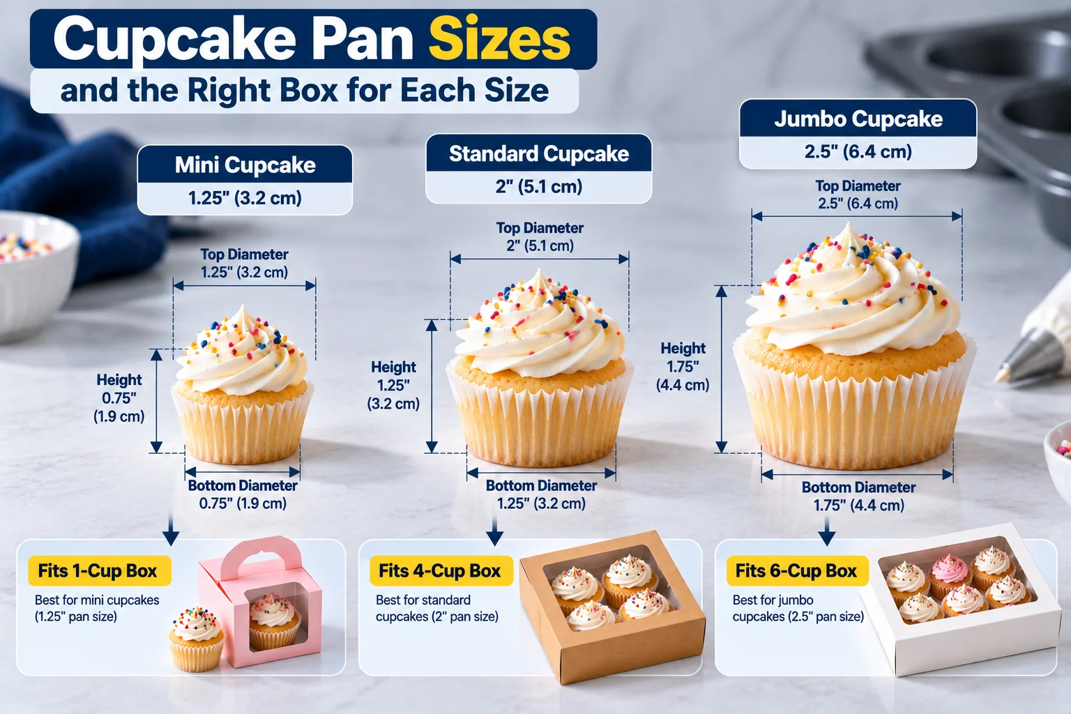 Frosted mini, standard and jumbo cupcakes lined up to show their heights