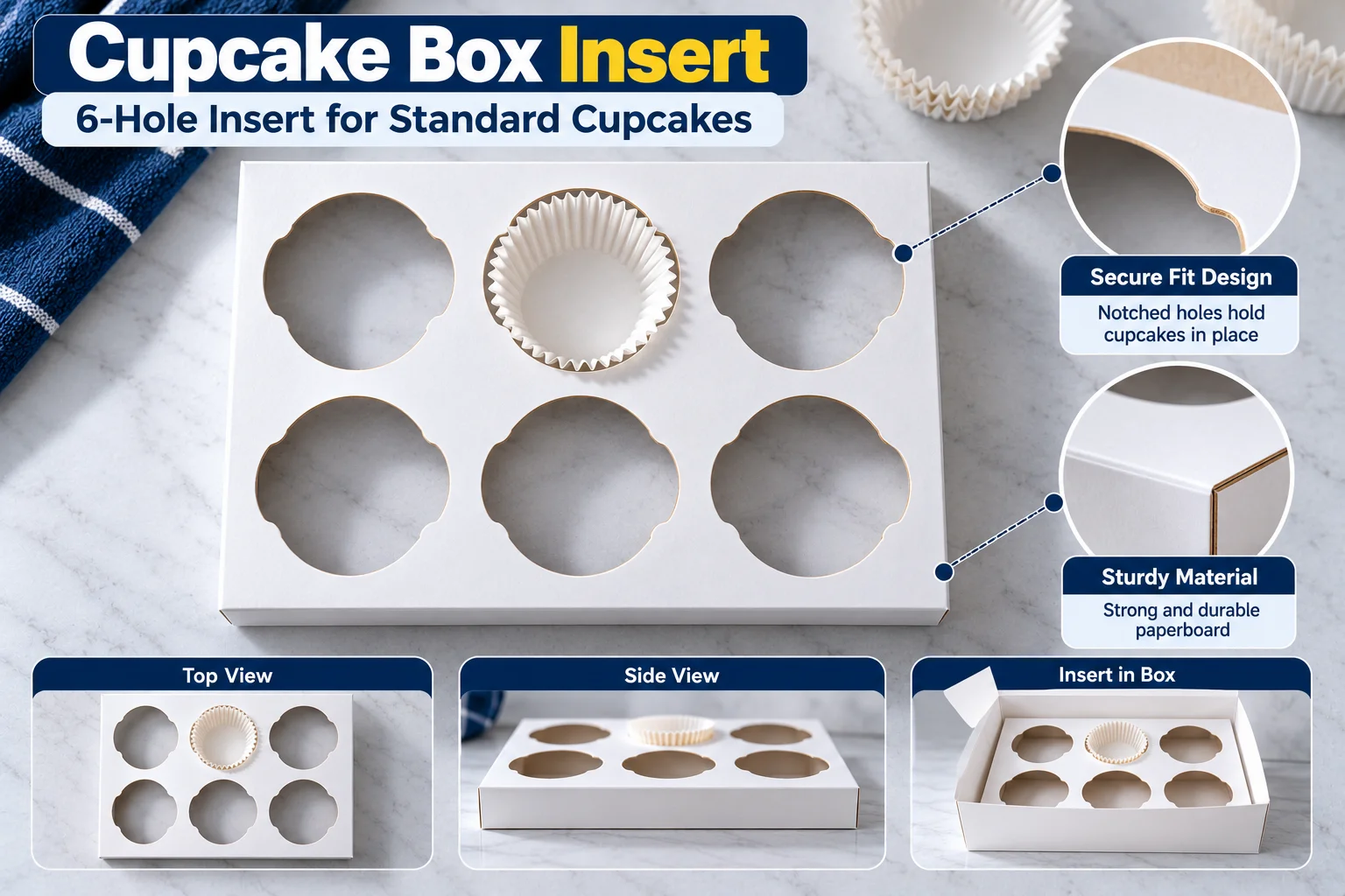 White card insert with six round holes for standard cupcakes