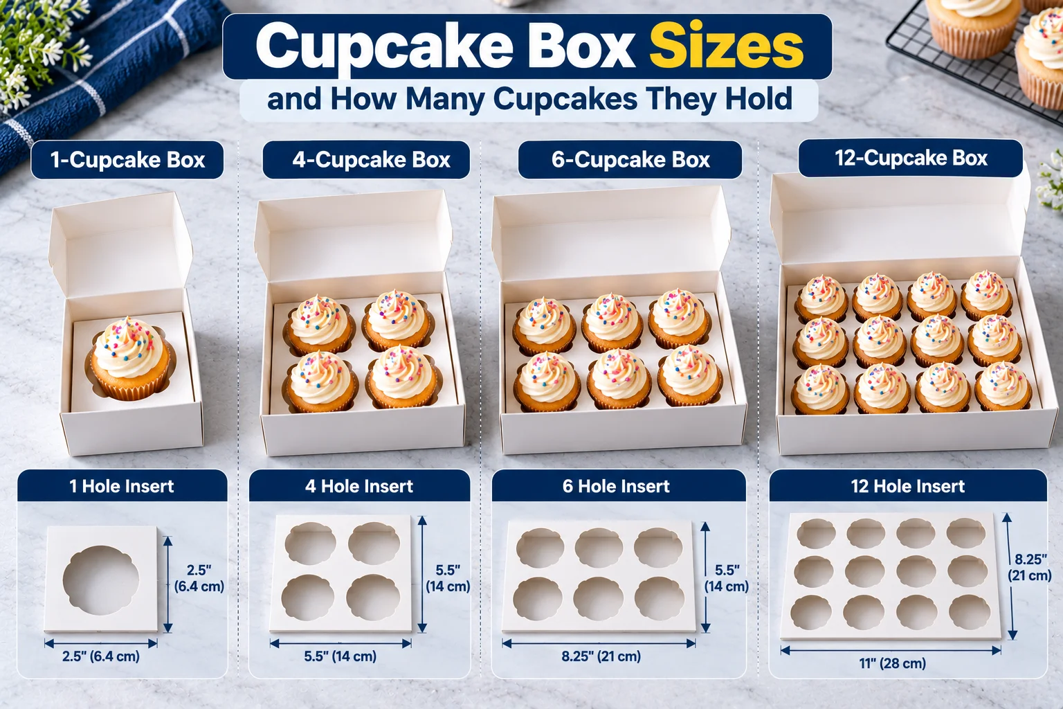 Open cupcake boxes for one, four, six and twelve cupcakes in a row