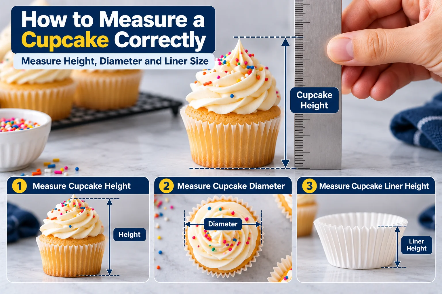 Hand measuring a frosted cupcake with a metal ruler on a bakery counter