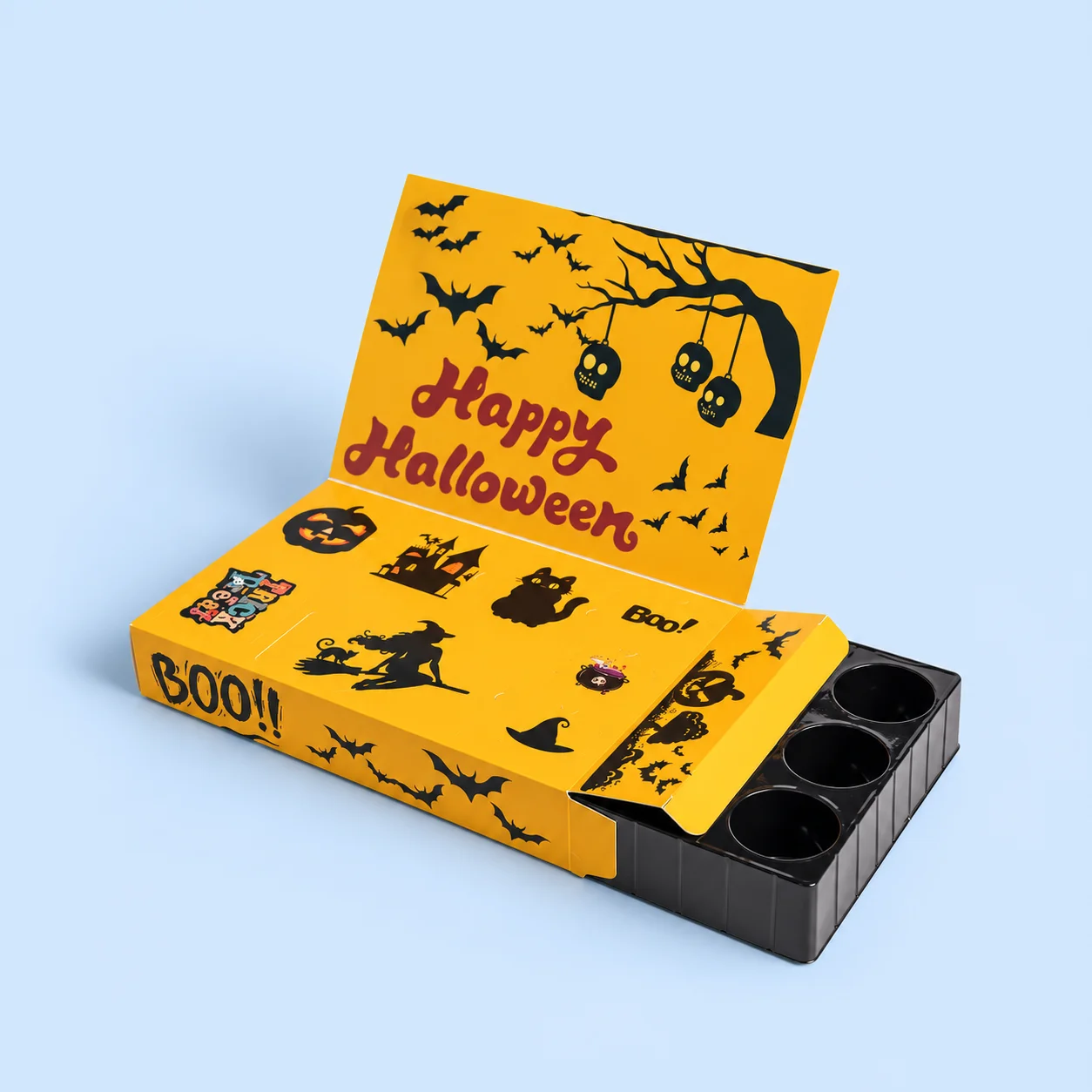 Custom Halloween box in black and orange with a window showing treats