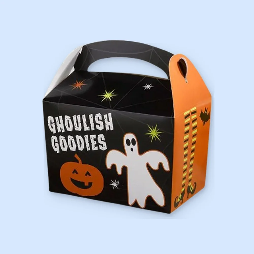 Halloween cupcake box holding four frosted cupcakes