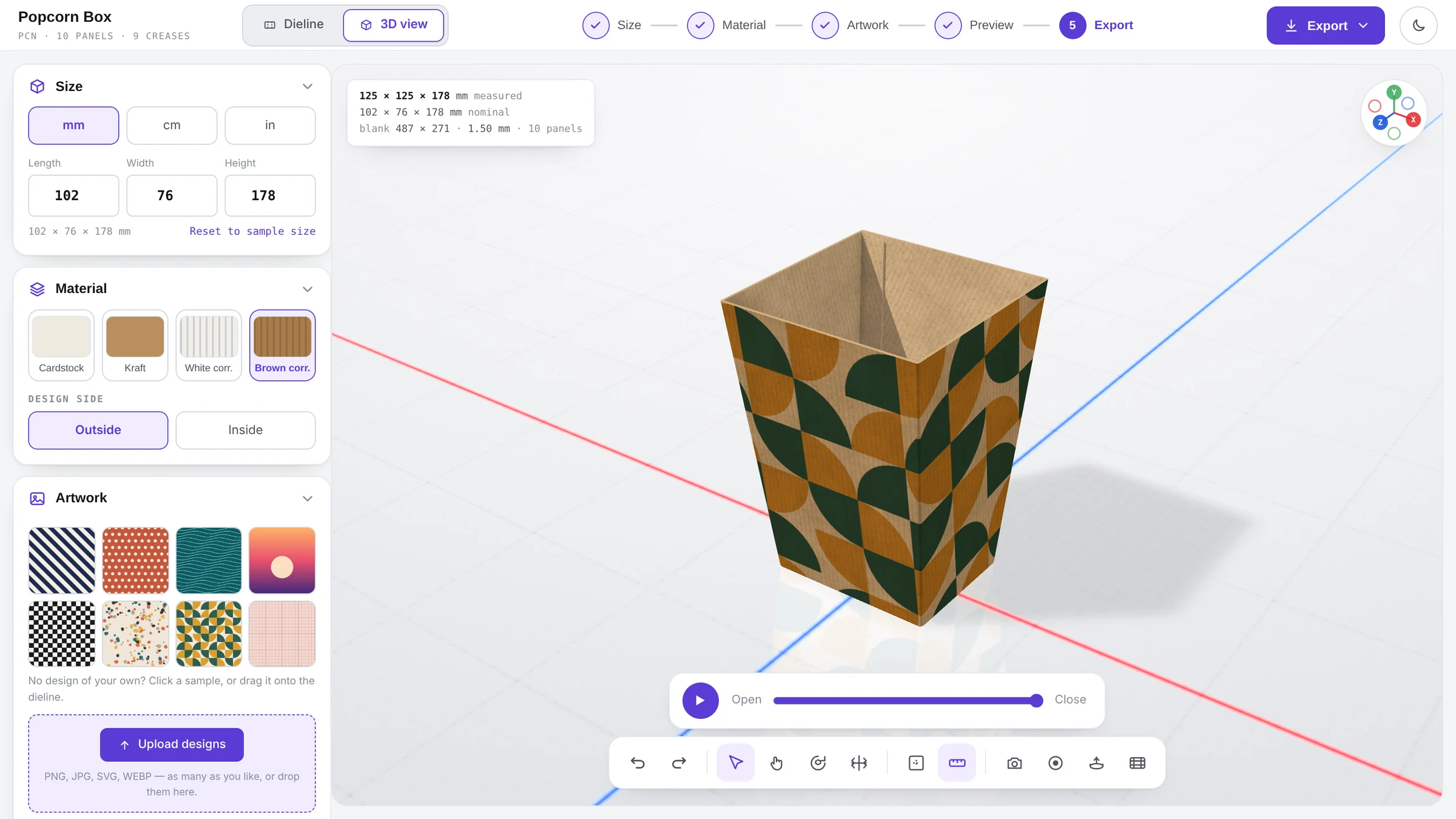 Design Your Box Online 3D studio showing a popcorn box with custom artwork on brown corrugated board