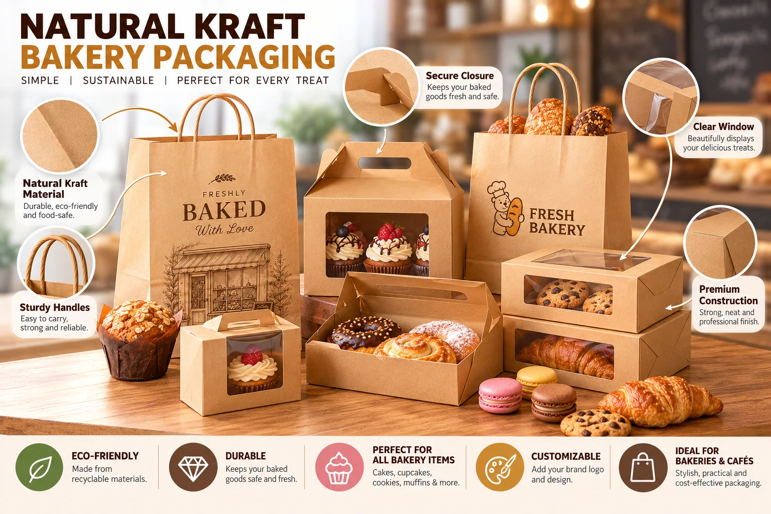 Natural kraft bakery boxes and paper bakery bags holding pastries on a wooden counter