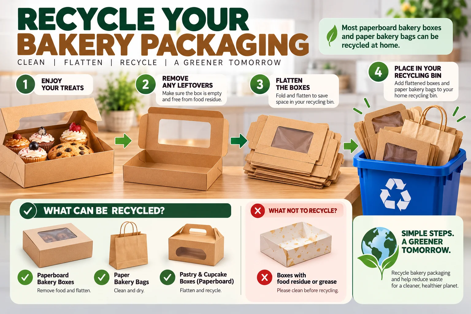 Flattened clean paperboard bakery boxes in a home recycling bin