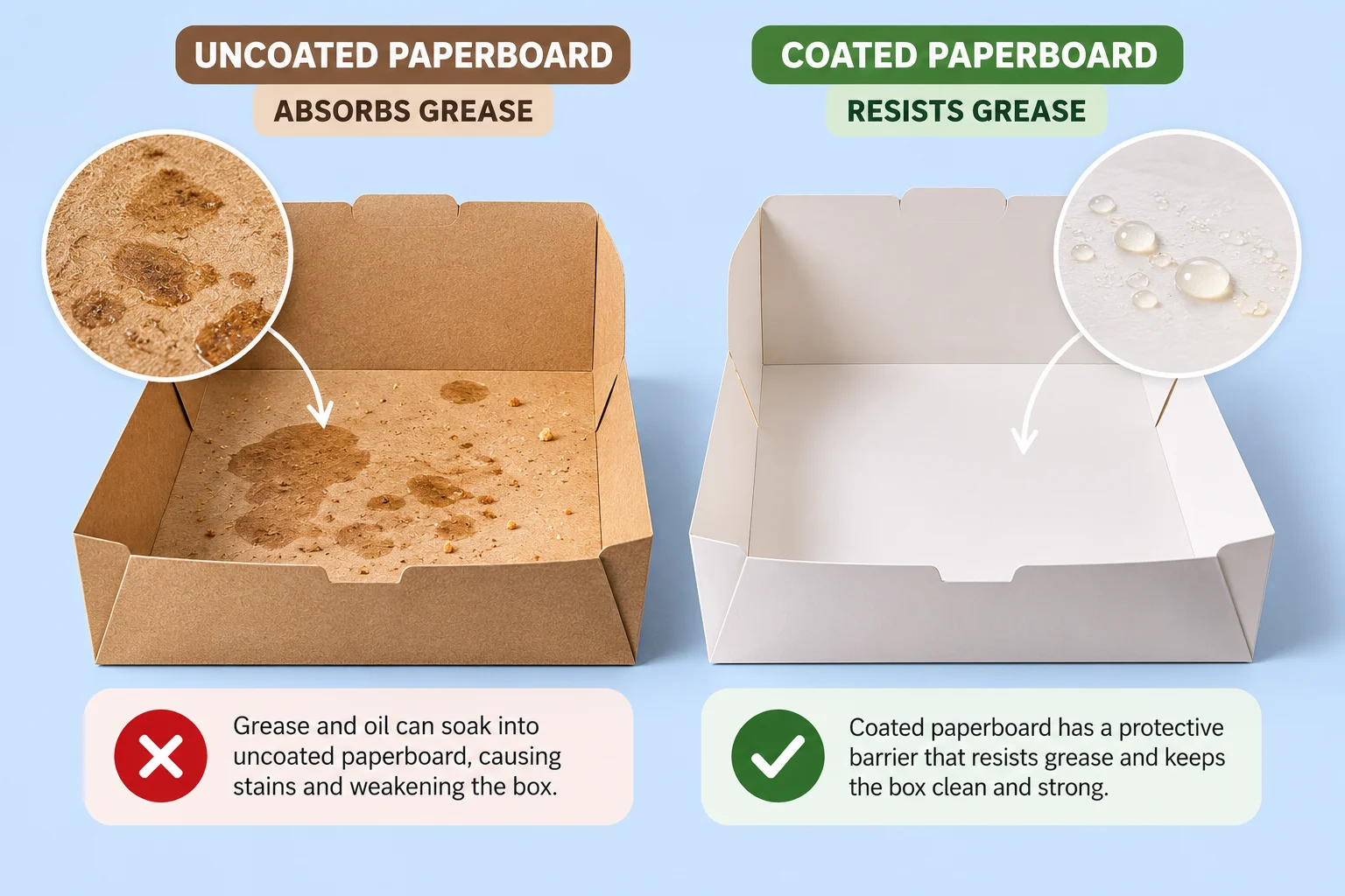 Bakery box base with a grease stain next to a clean coated base