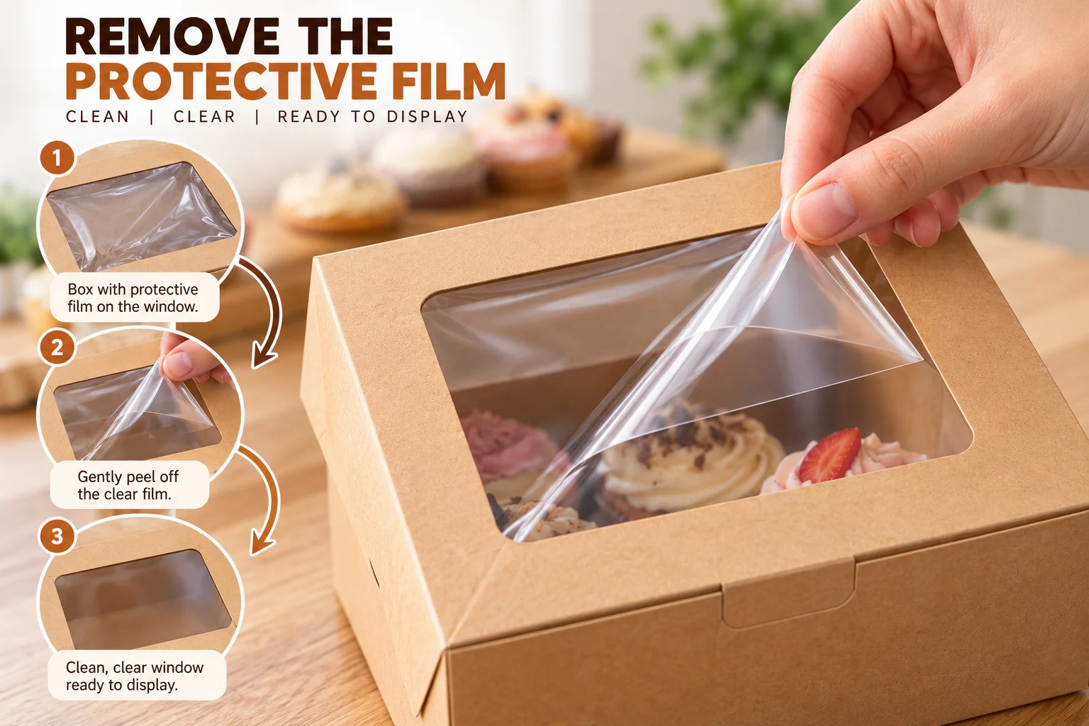 Hand peeling the clear window film off a bakery box lid