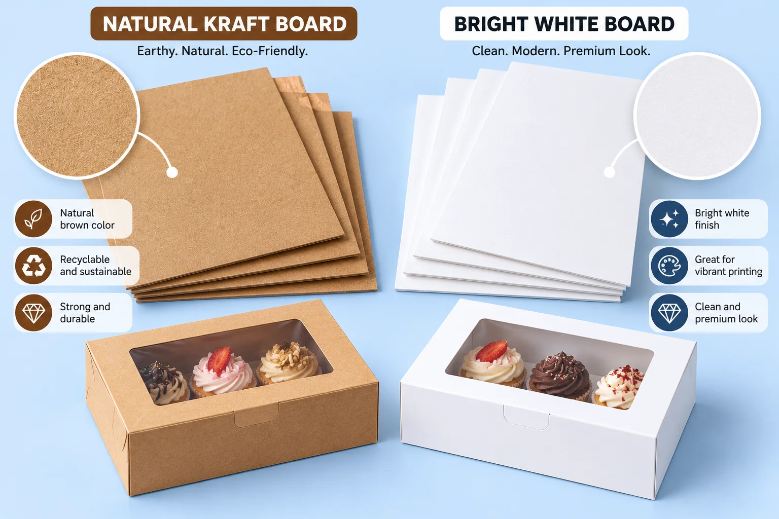 Natural kraft board and bright white board samples side by side