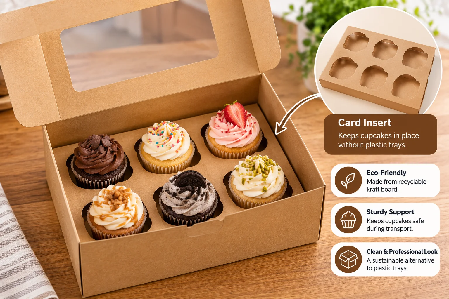 Kraft bakery box with a card insert holding cupcakes instead of a plastic tray