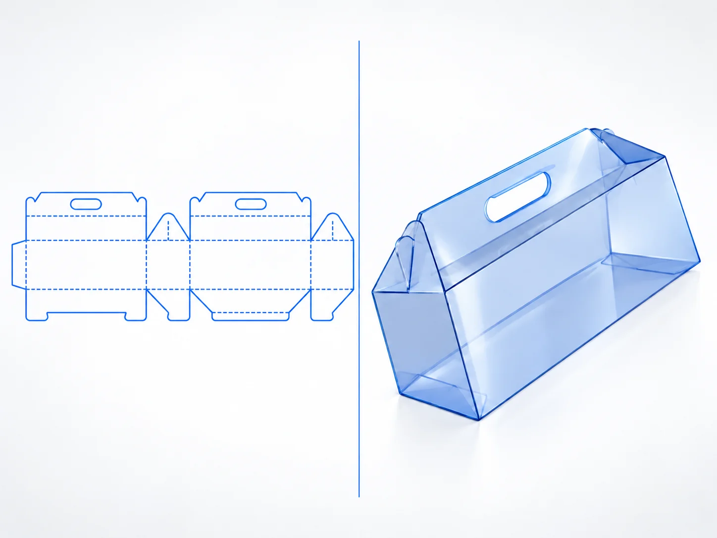 Gable Box with Handle dieline and transparent 3D box structure