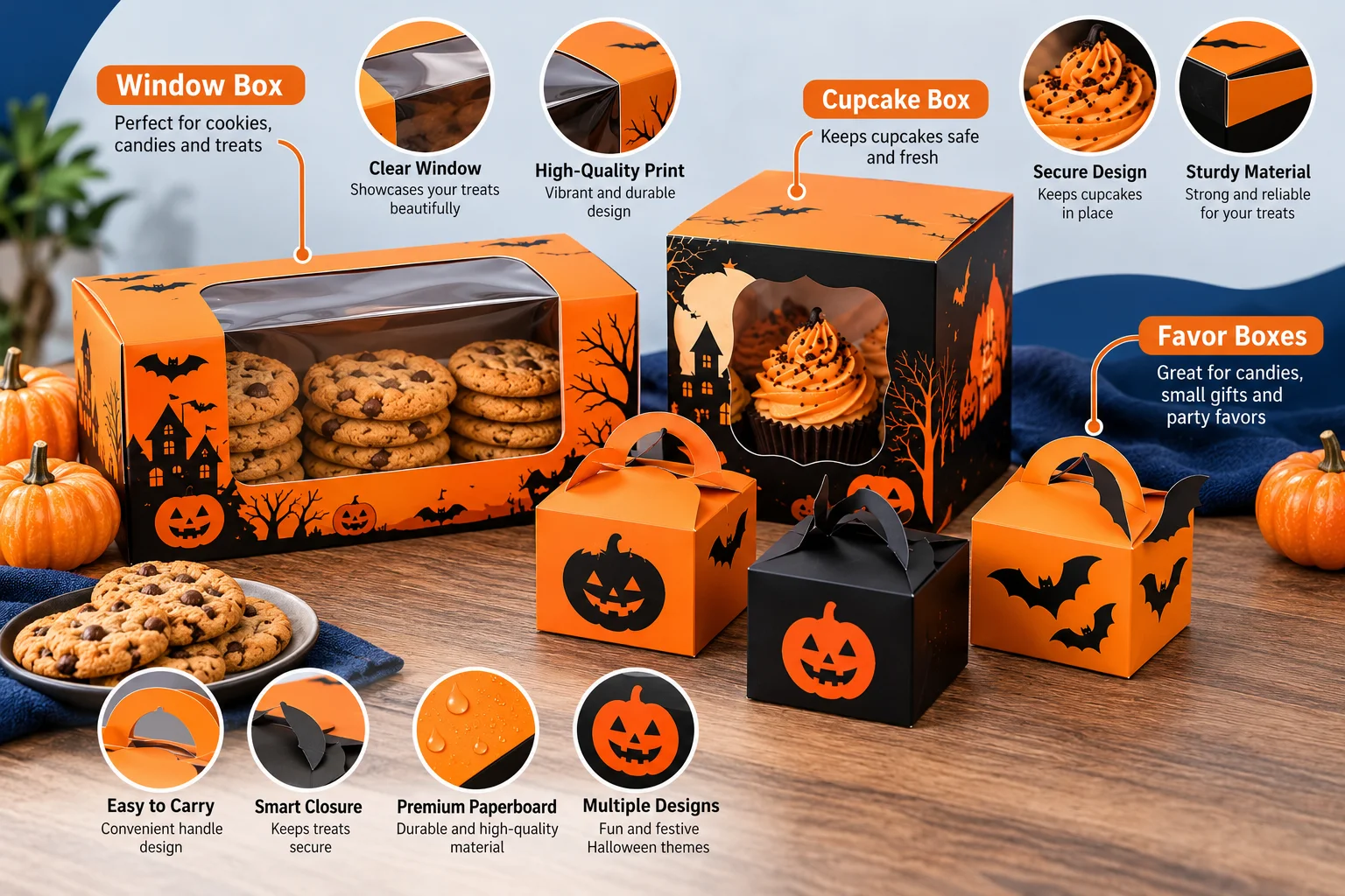 Black and orange Halloween treat boxes with a window box, a cupcake box and small favor boxes on a table