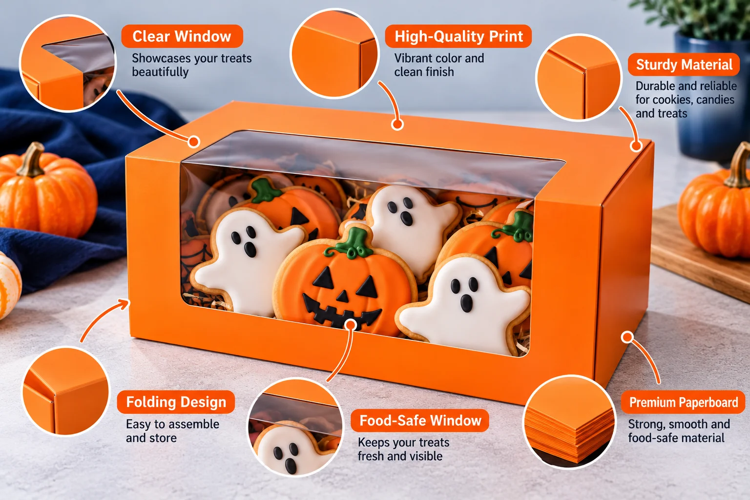 Halloween window treat box holding decorated sugar cookies