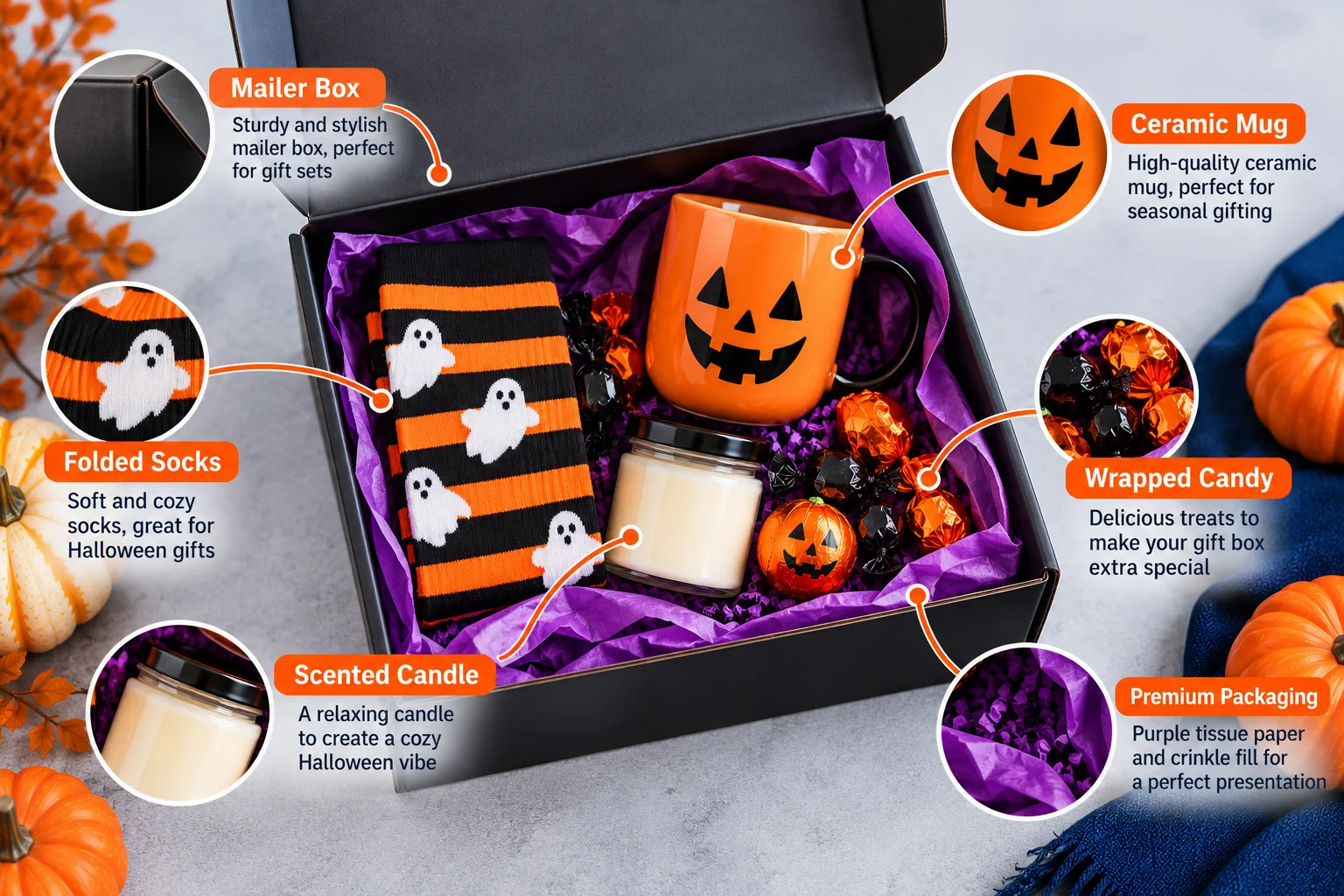 Halloween gift box with wrapped candy, socks, a mug and a candle inside a black mailer box