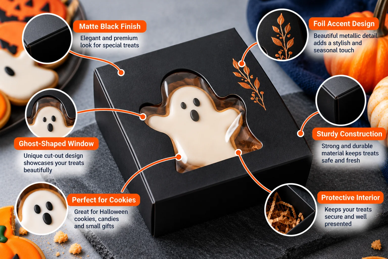 Matte black Halloween box with a copper foil detail and a ghost shaped window