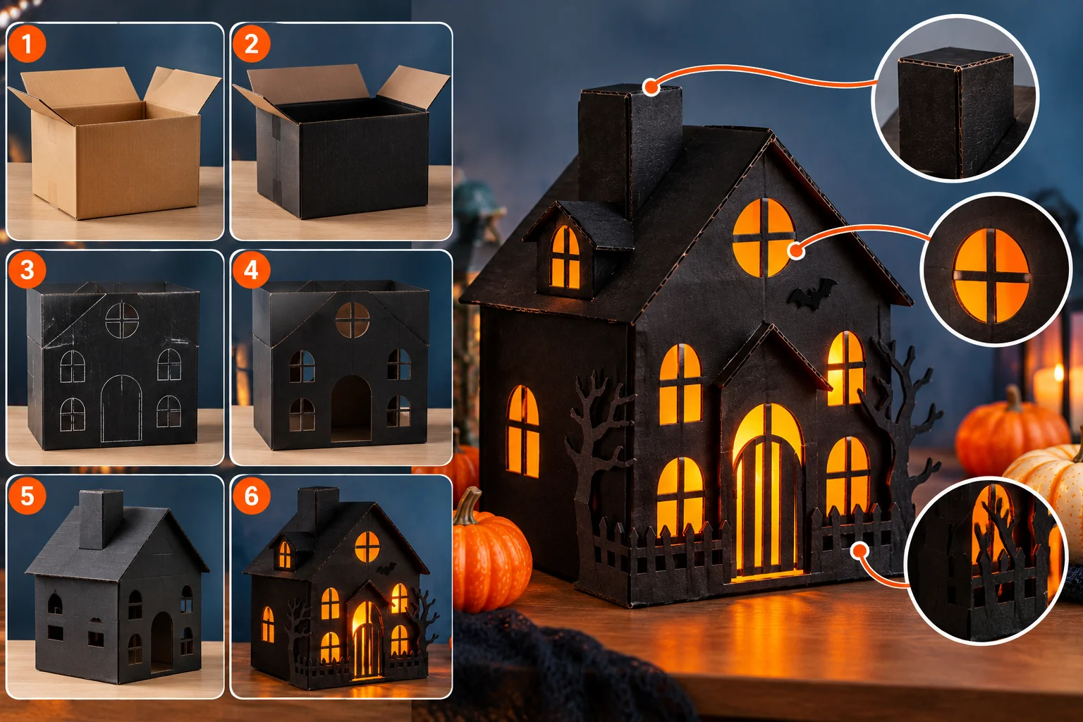 Cardboard box painted black and cut into a haunted house with glowing windows