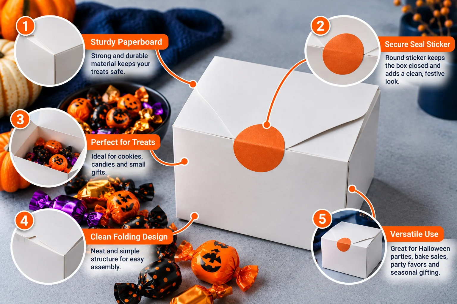 Sealed white treat box with an orange seal sticker beside wrapped Halloween candy