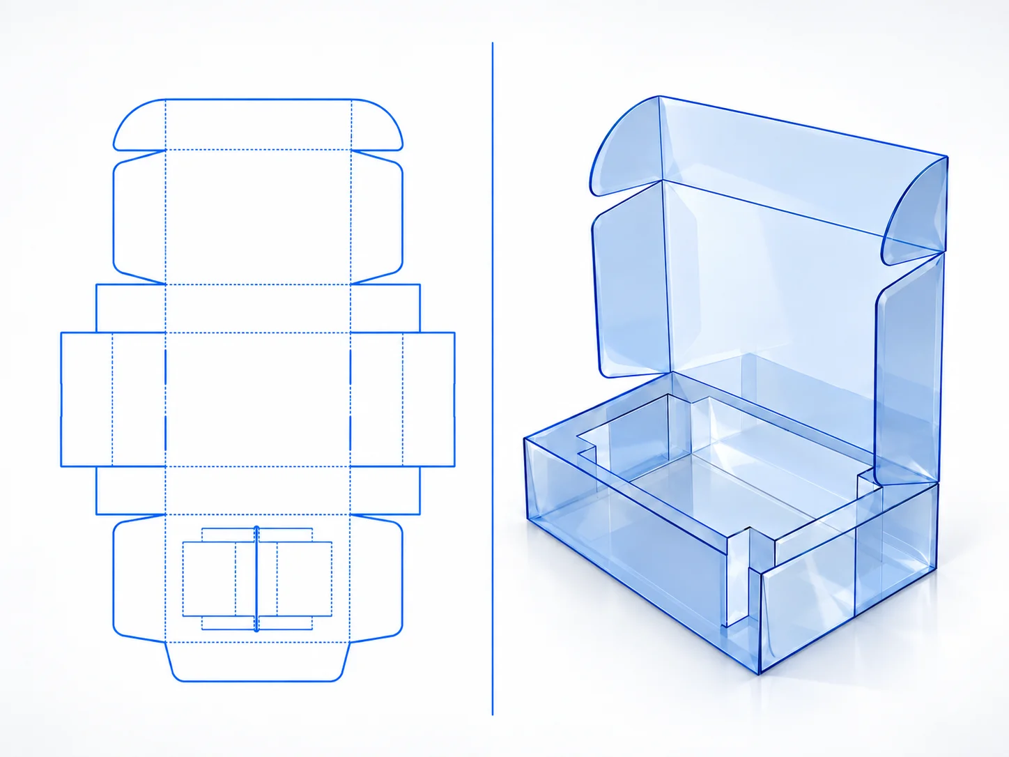 Hinged Lid Mailer with Insert dieline and transparent 3D box structure