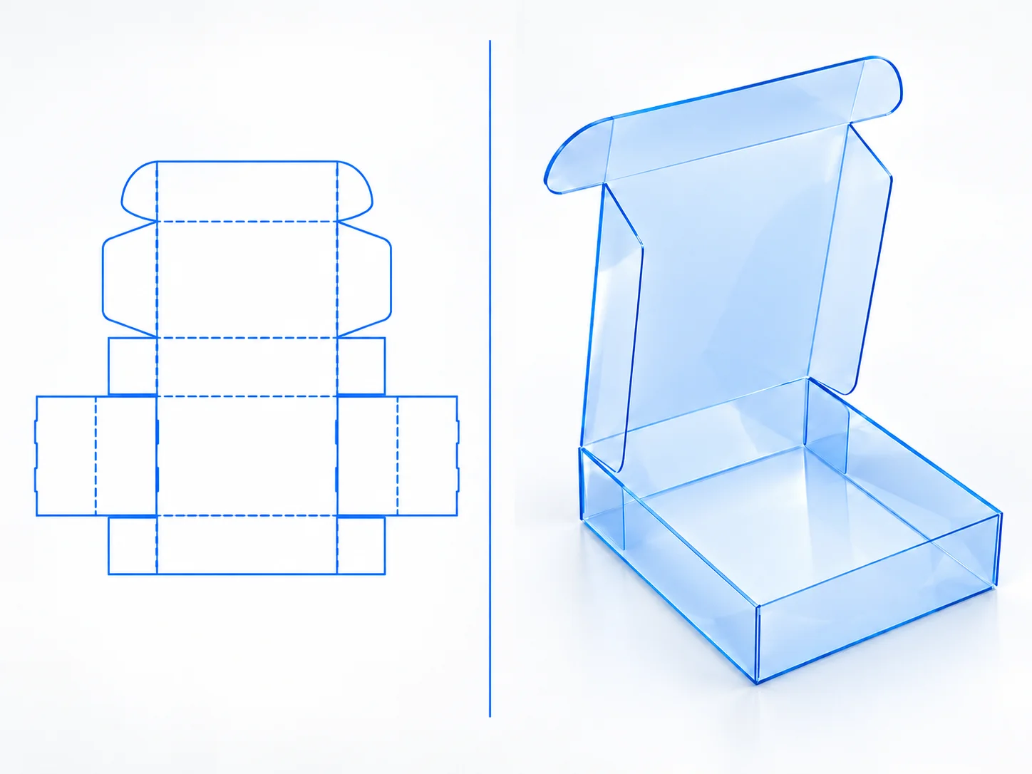 Hinged Lid Mailer dieline and transparent 3D box structure
