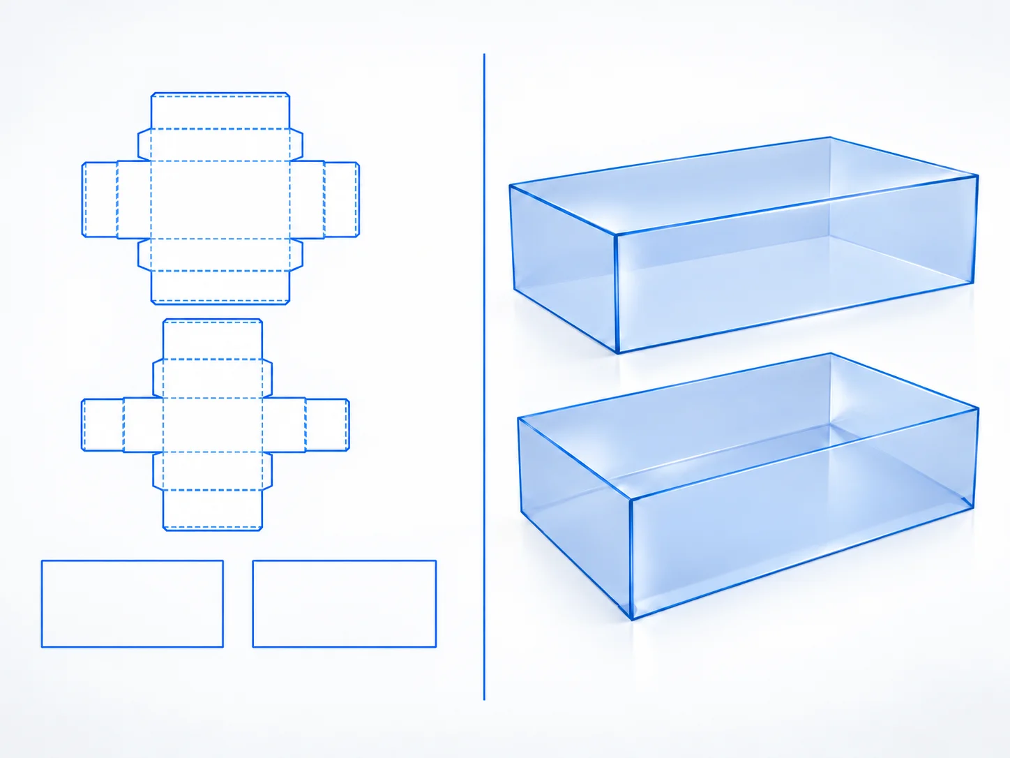 Hinged Lid Tray dieline and transparent 3D box structure
