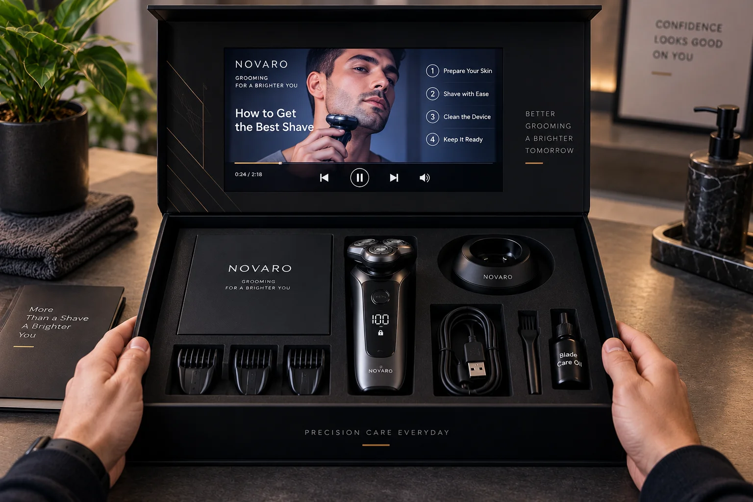 video box playing on a desk from the viewer's perspective