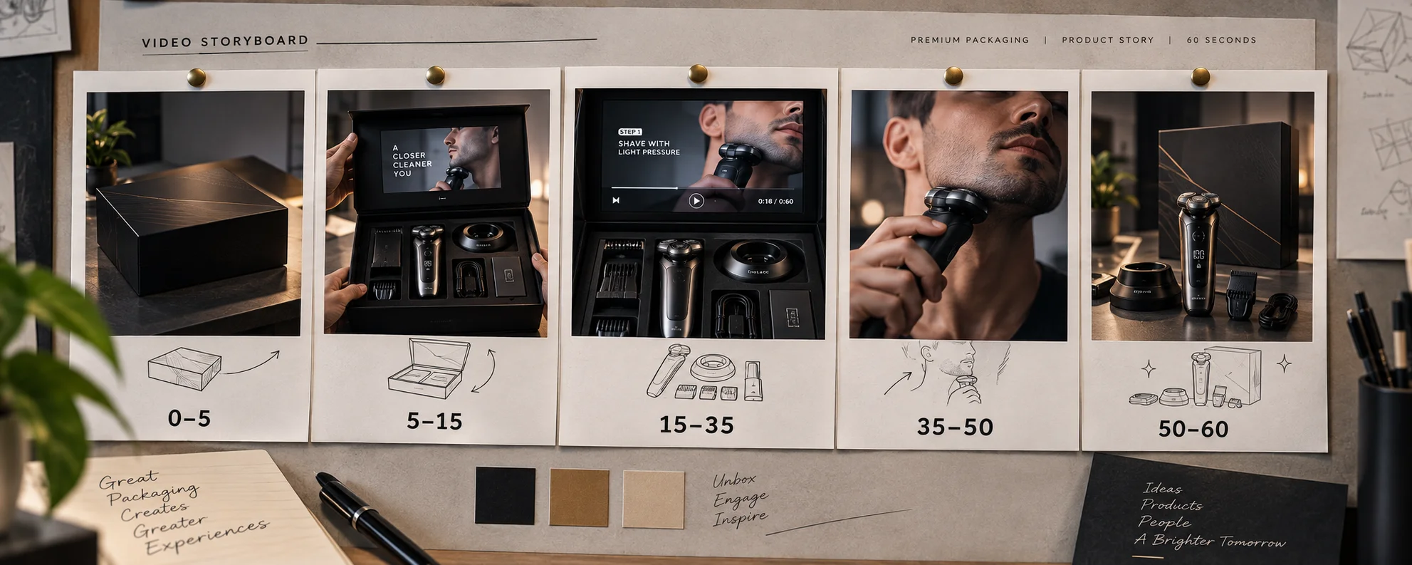 sixty second packaging video storyboard with timecodes under each frame