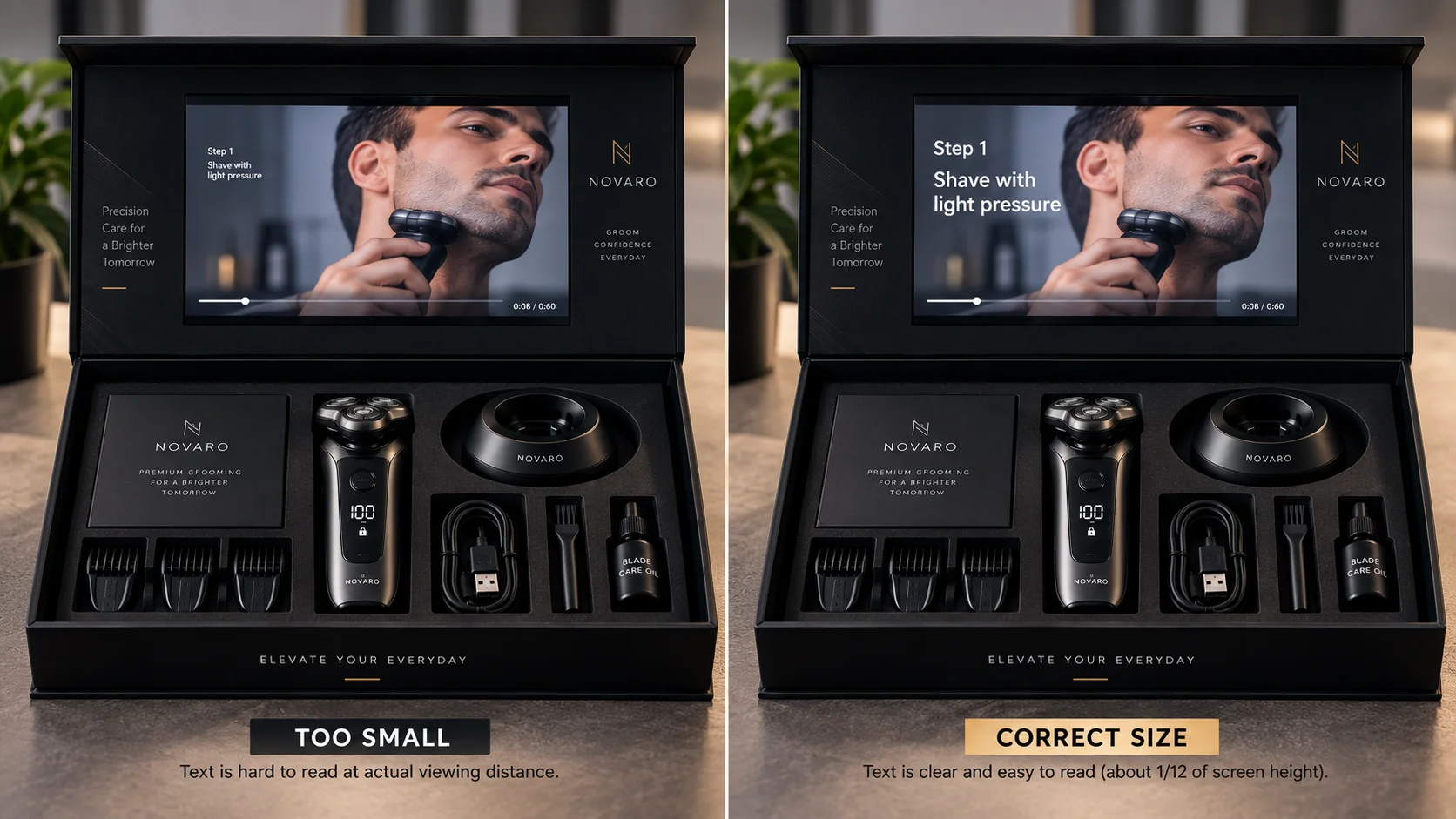 comparison of small text and correctly sized text on a video box panel