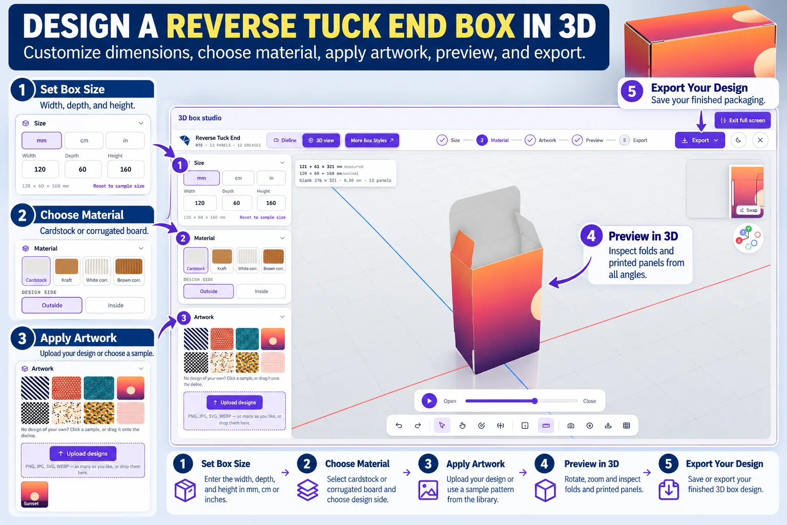 Reverse tuck end box with sunset artwork shown closed in the free 3D box studio