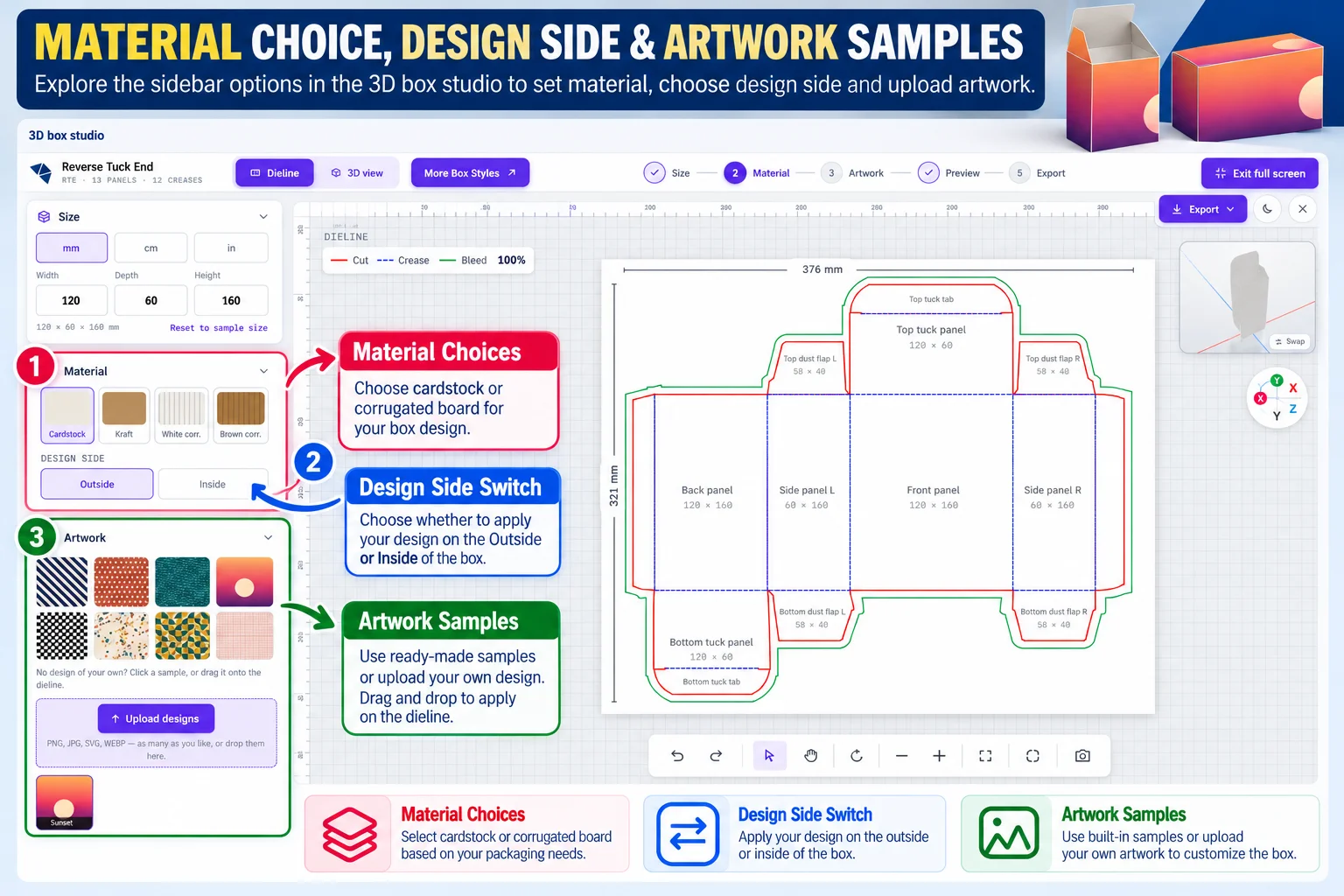 Material choices, design side switch and artwork samples in the 3D box studio sidebar