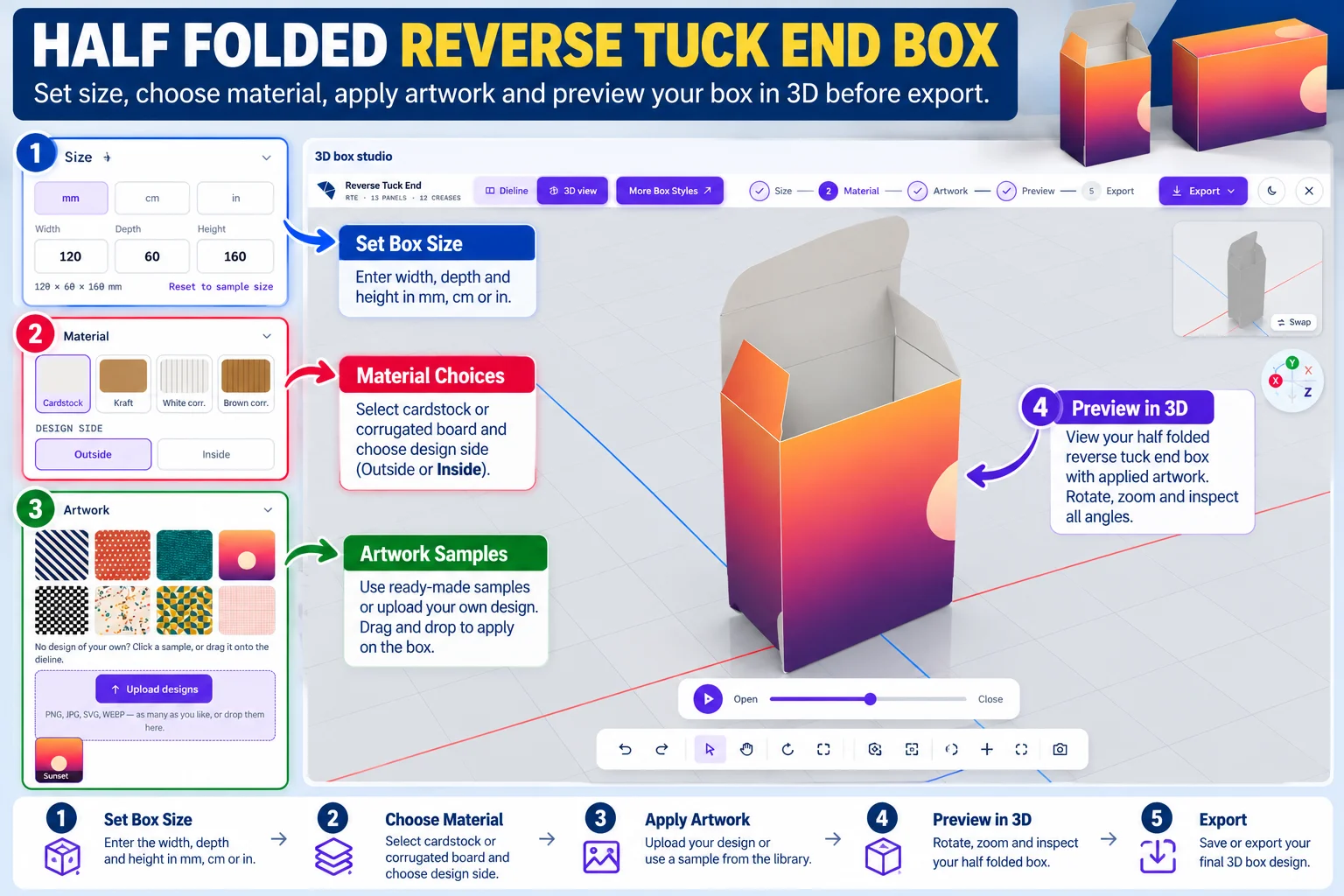 Half folded reverse tuck end box with artwork in the 3D view of the box studio
