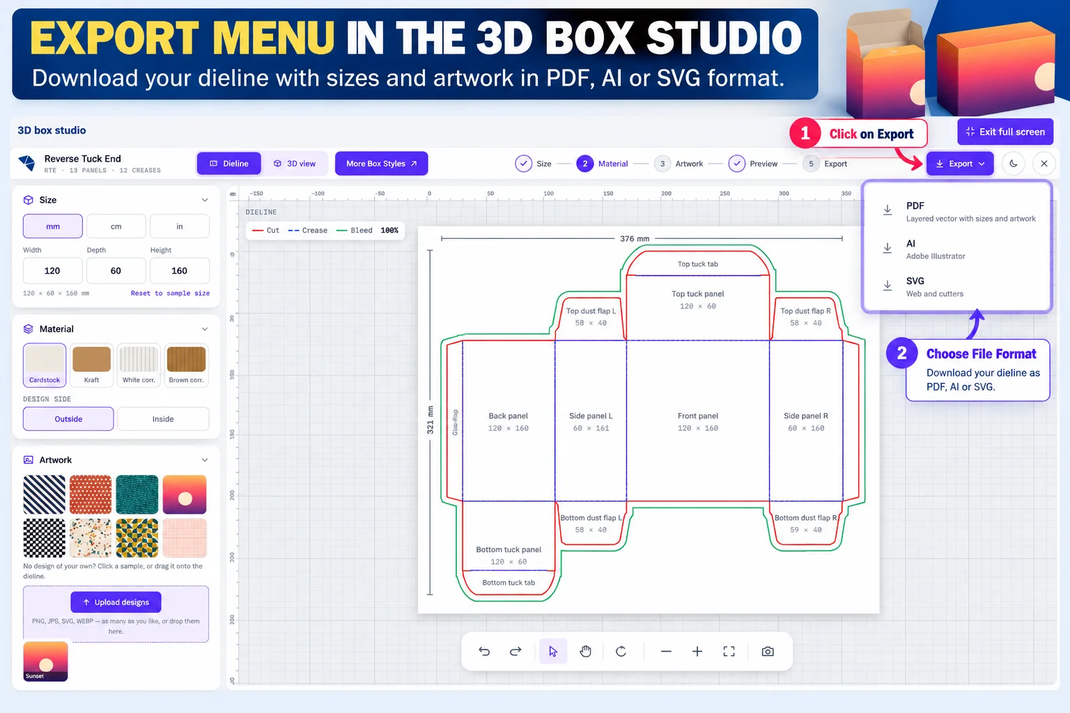 Export menu in the 3D box studio offering PDF, AI and SVG downloads