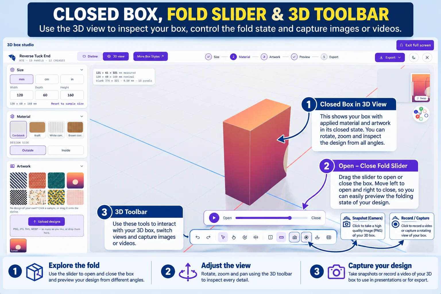 Closed box above the fold slider and 3D toolbar with snapshot and record buttons