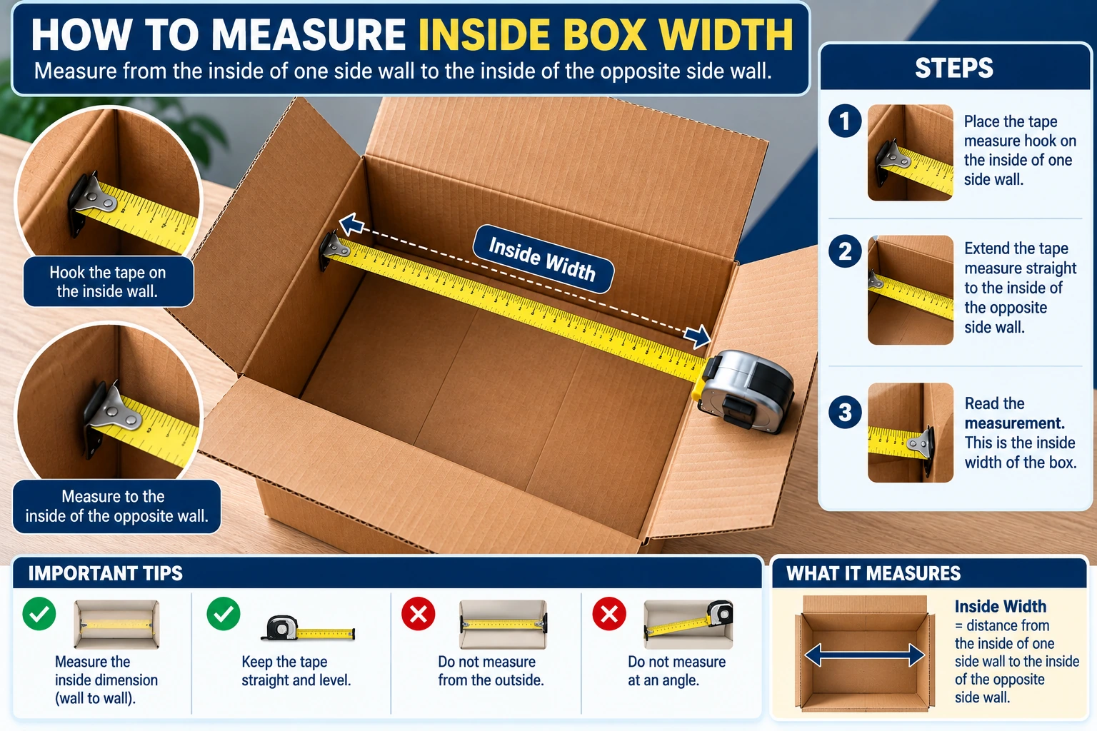 Open shipping box on a table with a steel tape measuring the length of the opening