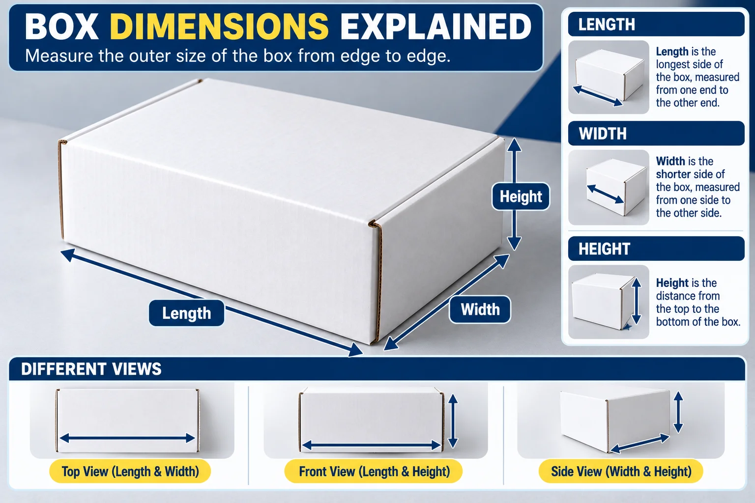 Box with arrows marking length, width and height on its sides