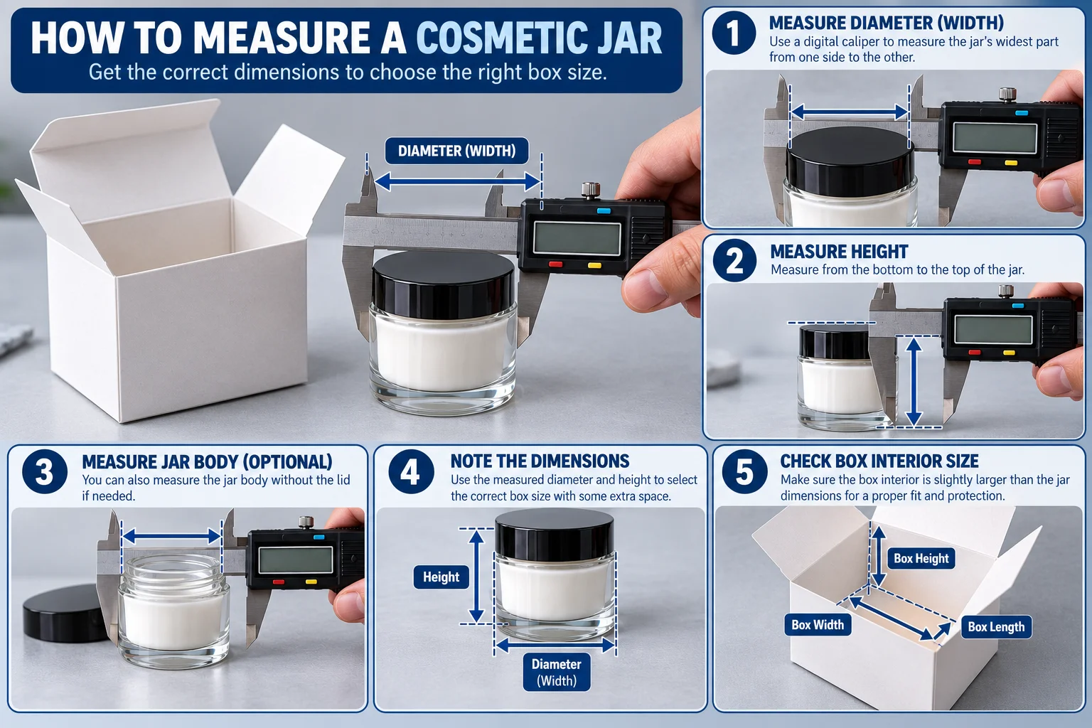 Product being measured with a digital caliper next to an open folding carton