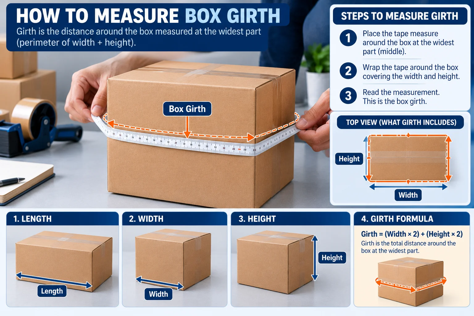Tape measure wrapped around the middle of a closed shipping box to show girth