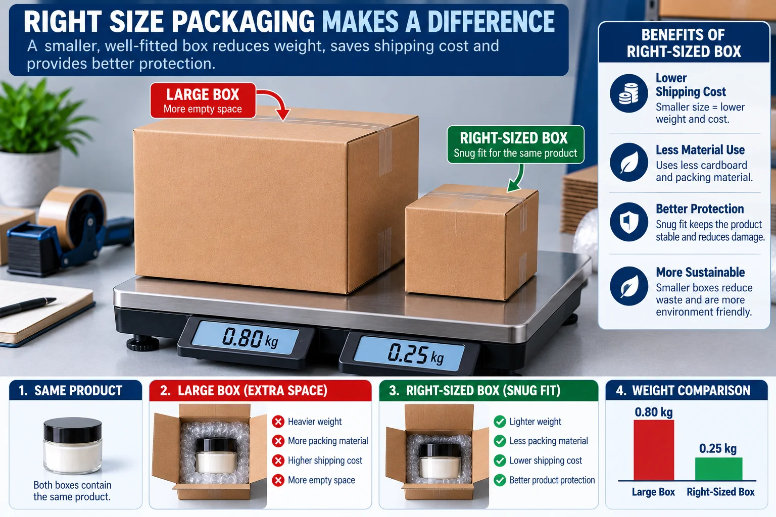 Large box and a smaller right sized box holding the same product on a shipping scale